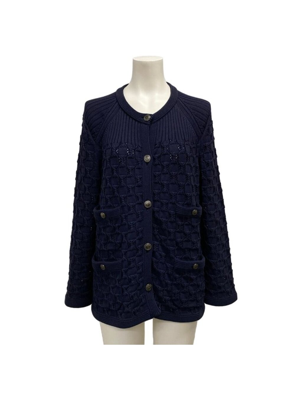 Chanel Cardigan M Navy Long Sleeve Cotton